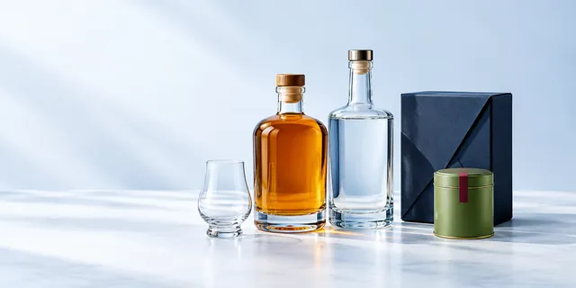 Drinks and gifts illustration with unbranded bottles, a gift box and tea tin