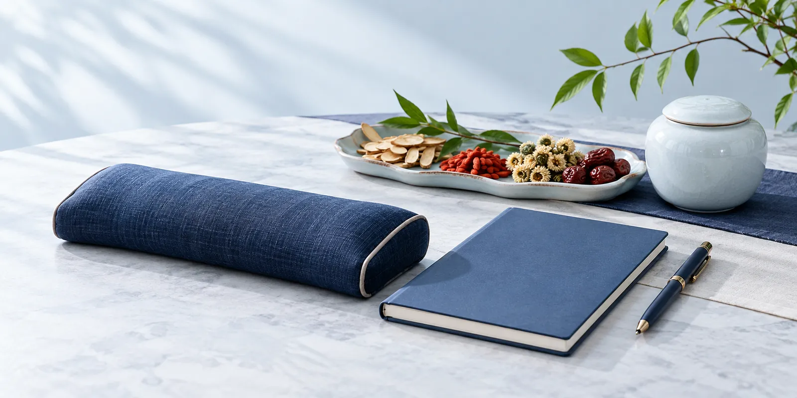 TCM consultation illustration with a wrist-rest cushion and consultation notebook
