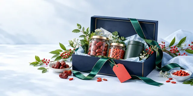 Seasonal gift illustration with a blue gift box, ribbon, tea tin and botanical jars