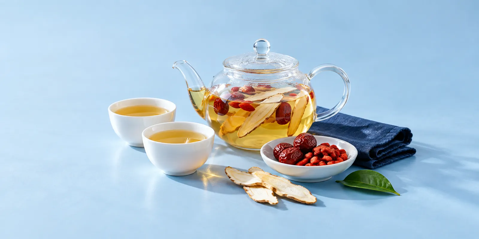 Herbal ingredients illustration with a glass teapot, red dates and goji berries